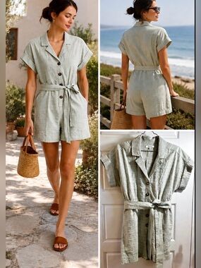 Madewell Seersucker Camp Romper Ashen Sage Belted Button Front Sz  XS💛